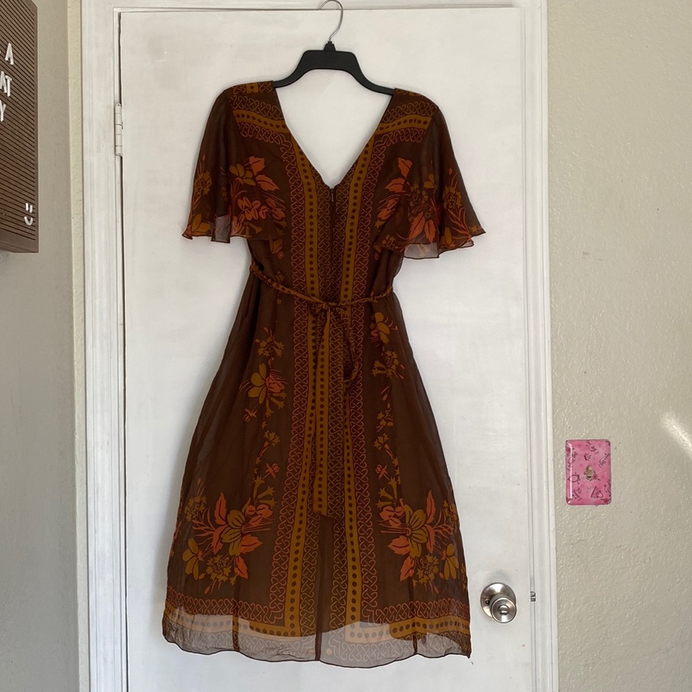 Anthropologie Brown & Mustard Floral Flutter Sleeve Midi Dress - Picture 3 of 5